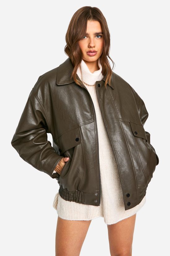 Teddy Lined Faux Leather Oversized Bomber Jacket