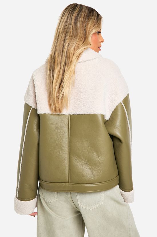 Faux Leather Teddy Trim Aviator Jacket