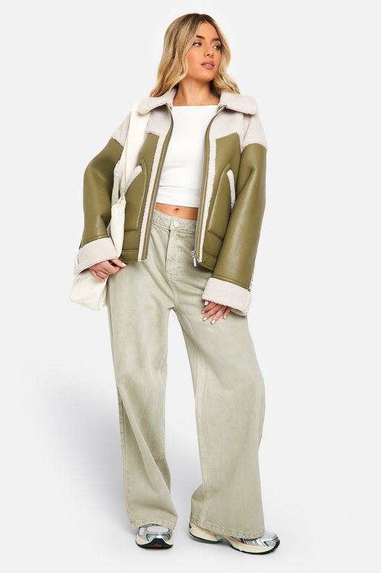 Faux Leather Teddy Trim Aviator Jacket