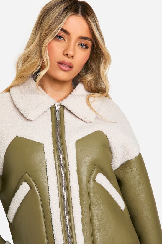 Faux Leather Teddy Trim Aviator Jacket
