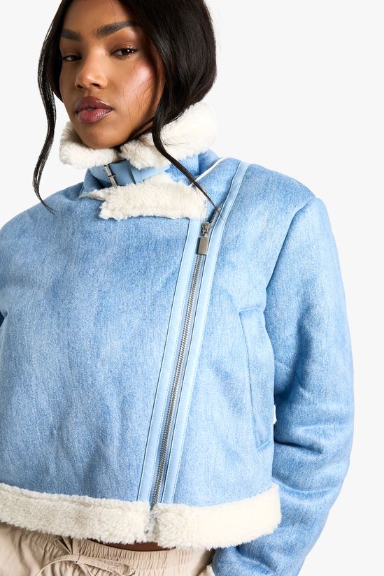 Denim Look Cropped Aviator Jacket