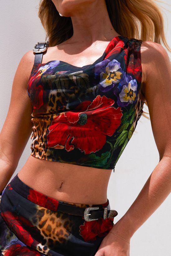 Molly Smith Leopard Rose Print Buckle Detail Cowl Crop Top