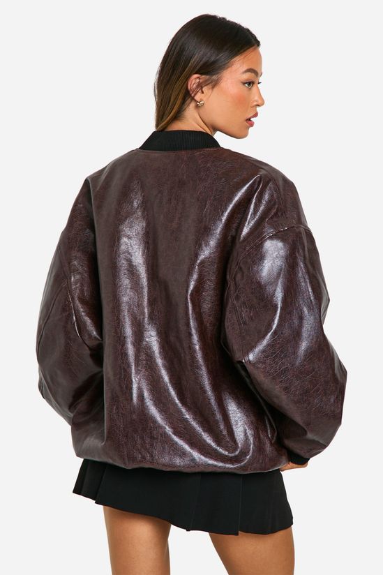 Tall Cracked Faux Leather Oversized Bomber Jacket