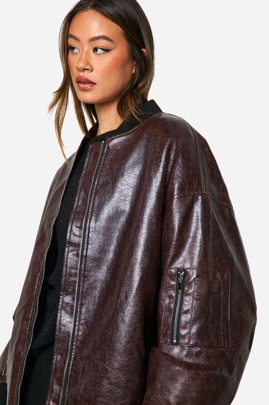 Tall Cracked Faux Leather Oversized Bomber Jacket