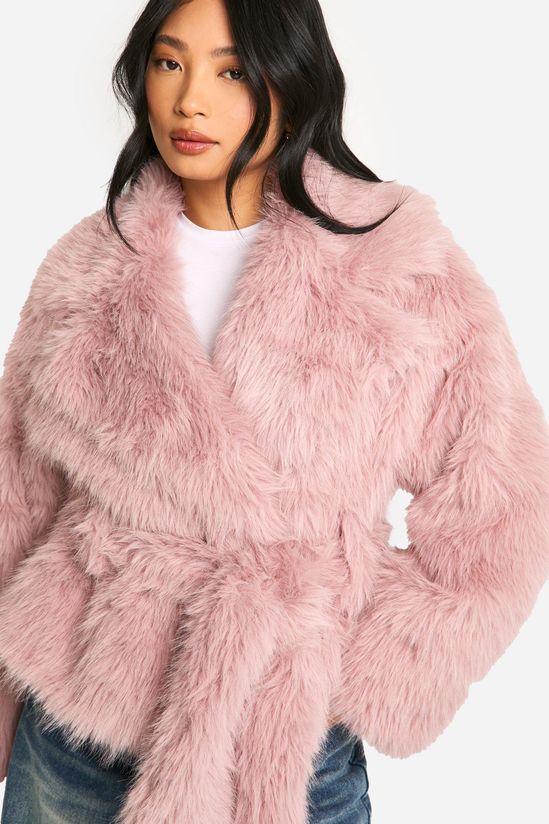 Petite Belted Faux Fur Jacket