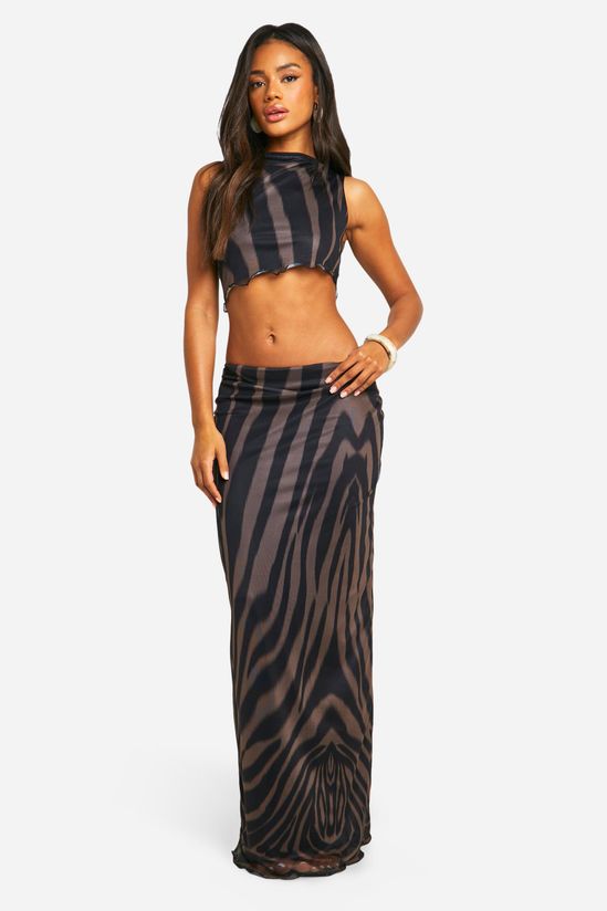 Asymmetric Printed Mesh Maxi Skirt