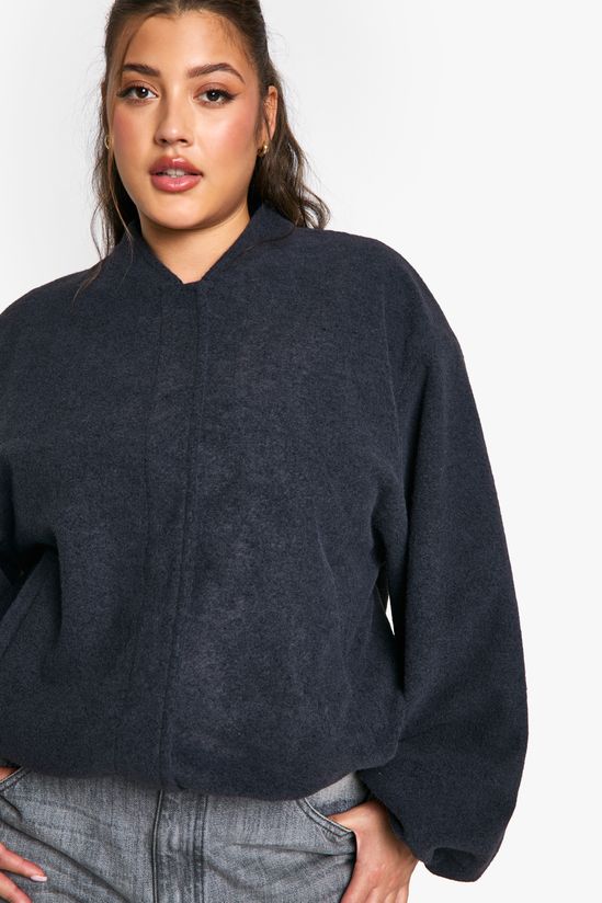 Plus Balloon Sleeve Wool Look Bomber Jacket