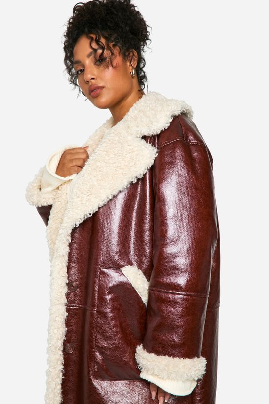 Plus Faux Leather Teddy Trim Longline Aviator Jacket