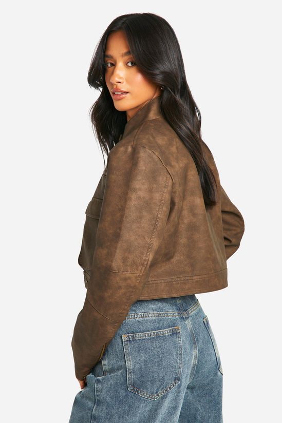 Petite Cropped Pocket Detail Faux Leather Biker Jacket