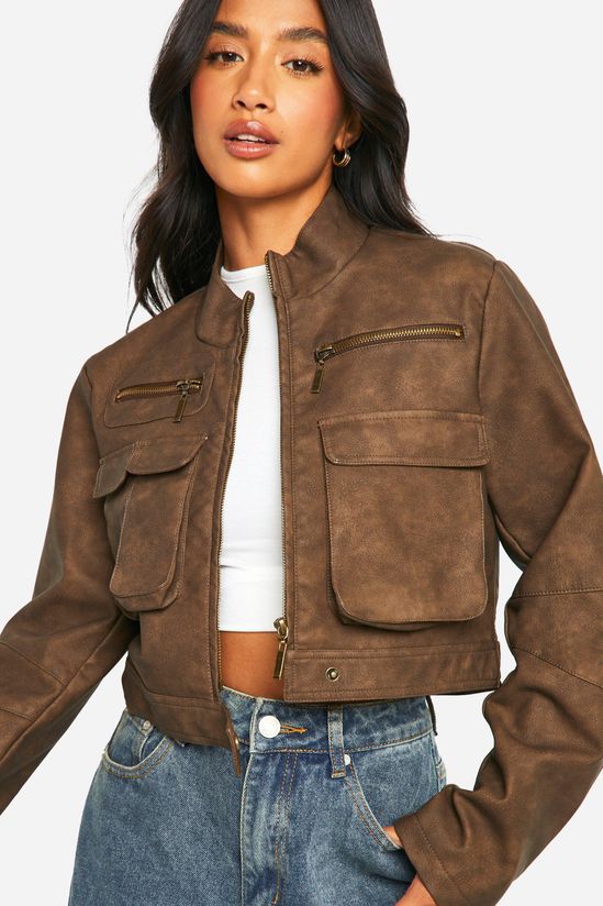 Petite Cropped Pocket Detail Faux Leather Biker Jacket