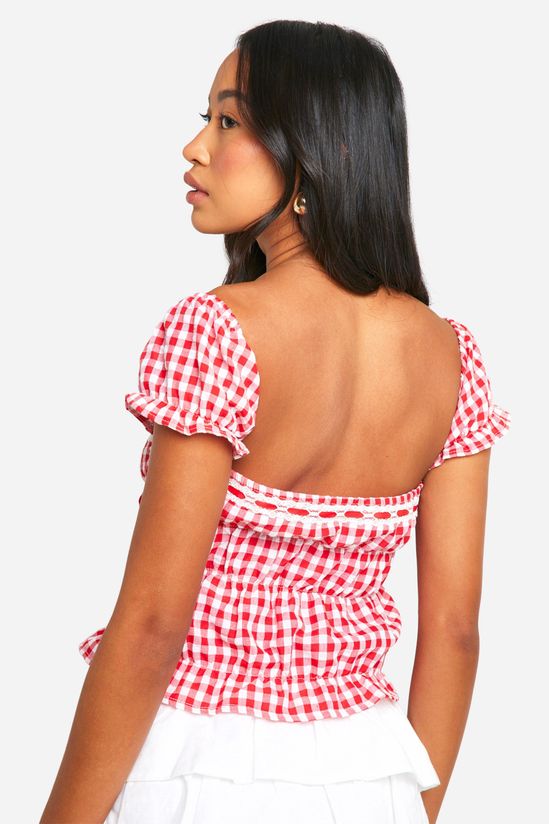 Shirred Waist Puff Sleeve Ribbon Detail Gingham Crop Top