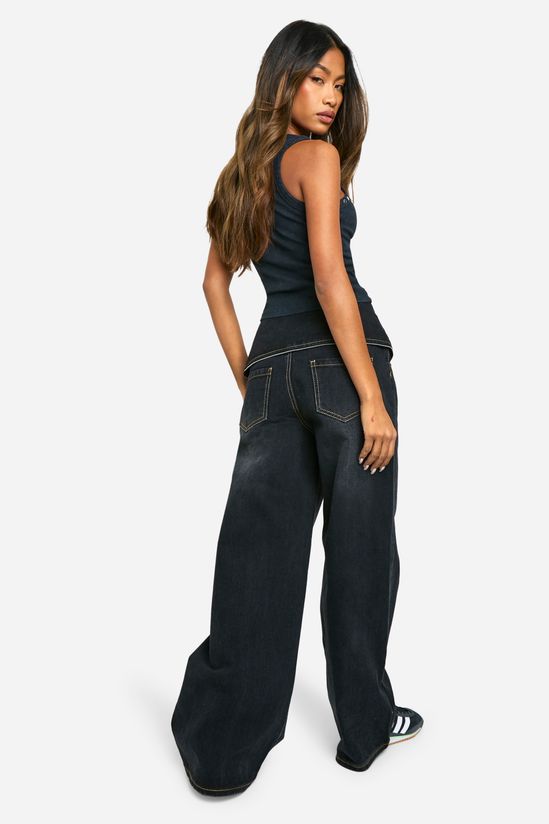 Foldover Zip Detail Wide Leg Jean