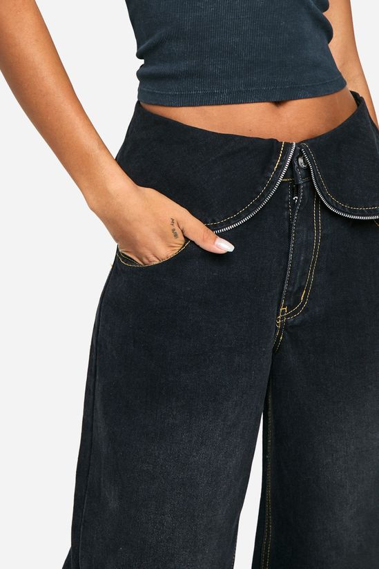 Foldover Zip Detail Wide Leg Jean