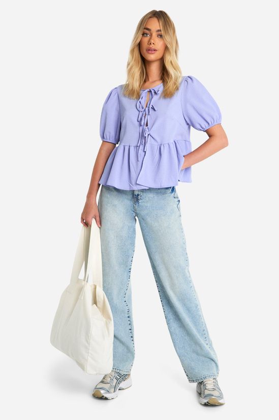 Textured Tie Front Puff Sleeve Smock Top