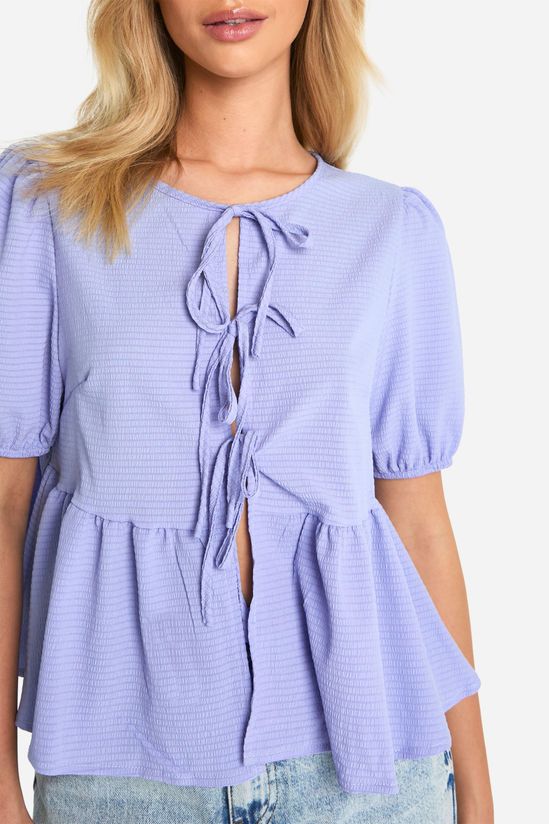 Textured Tie Front Puff Sleeve Smock Top