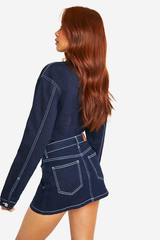 Contrast Stitch Raw Indigo Denim Micro Mini Skirt