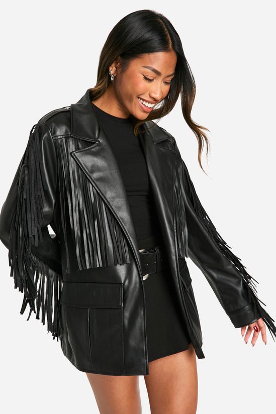Fringe Detail Faux Leather Belted Jacket