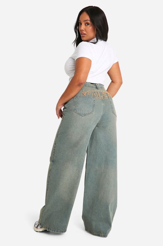Plus Varsity Athletic Self Fabric Distressed Applique Denim Wide Leg Jean