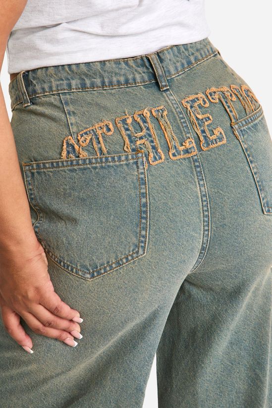 Plus Varsity Athletic Self Fabric Distressed Applique Denim Wide Leg Jean