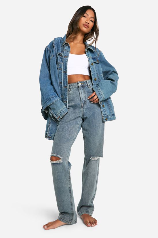 High Waisted Ripped Knee Straight Leg Jeans in Washed Blue