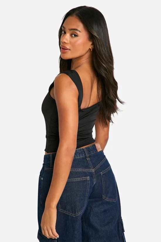 Double Layer Slinky Square Neck Crop top