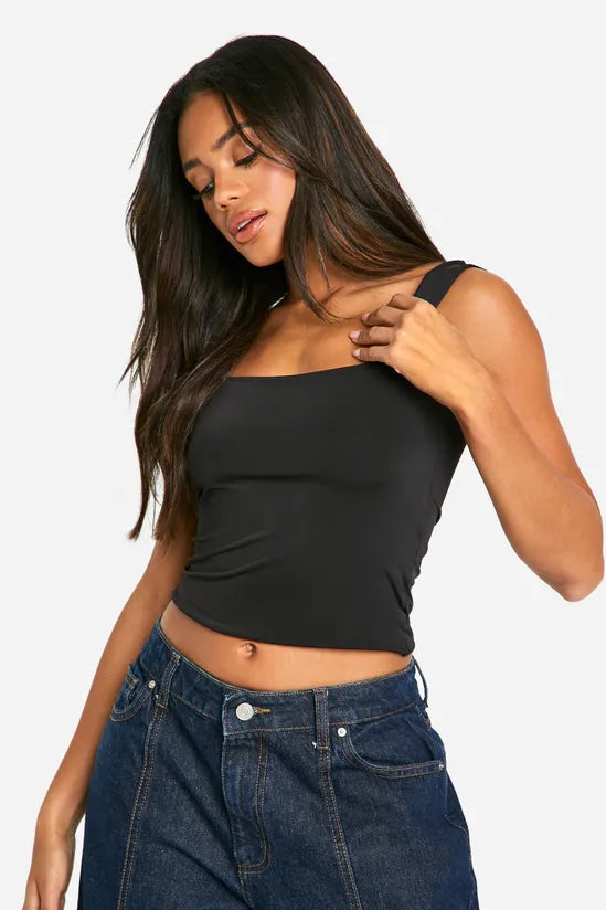 Double Layer Slinky Square Neck Crop top
