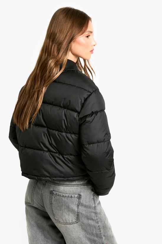 Faux Leather Contrast Collar Puffer Jacket