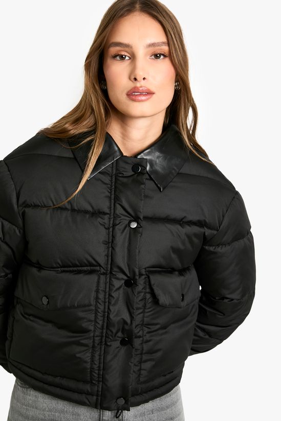 Faux Leather Contrast Collar Puffer Jacket