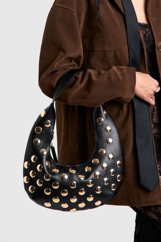 Half Moon Studded Leather Look Shoulder Bag