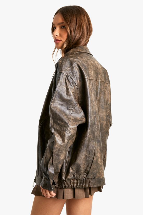 Vintage Look Faux Leather Bomber Jacket