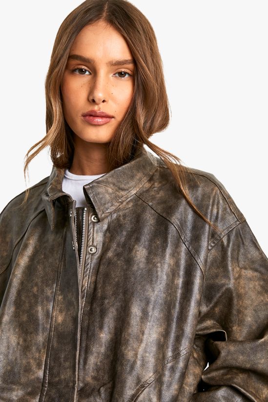 Vintage Look Faux Leather Bomber Jacket
