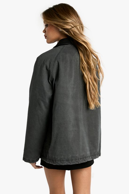 Faux Leather Collar Oversized Barn Jacket