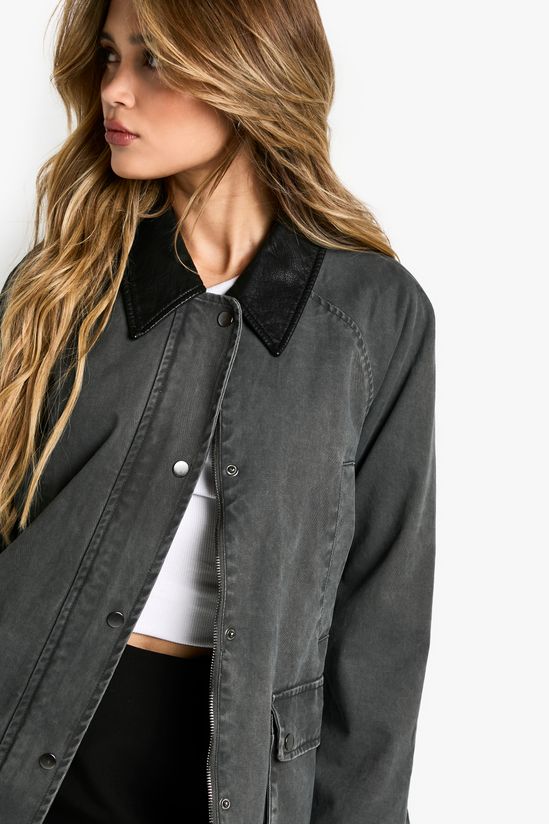 Faux Leather Collar Oversized Barn Jacket