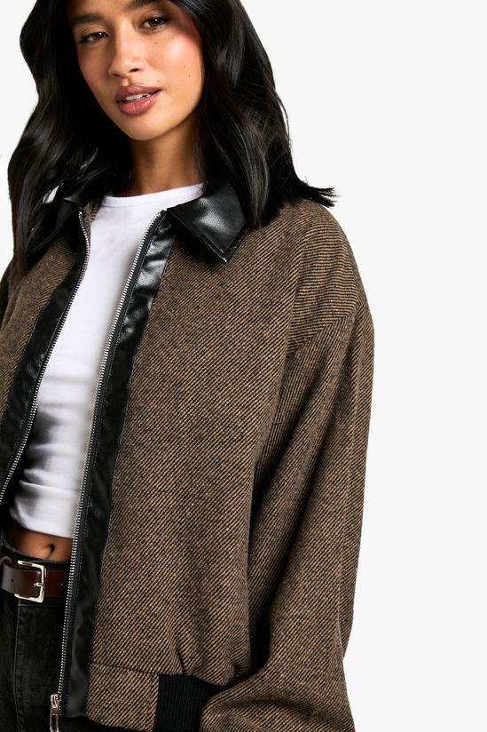 Petite PU Trim Wool Look Bomber Jacket