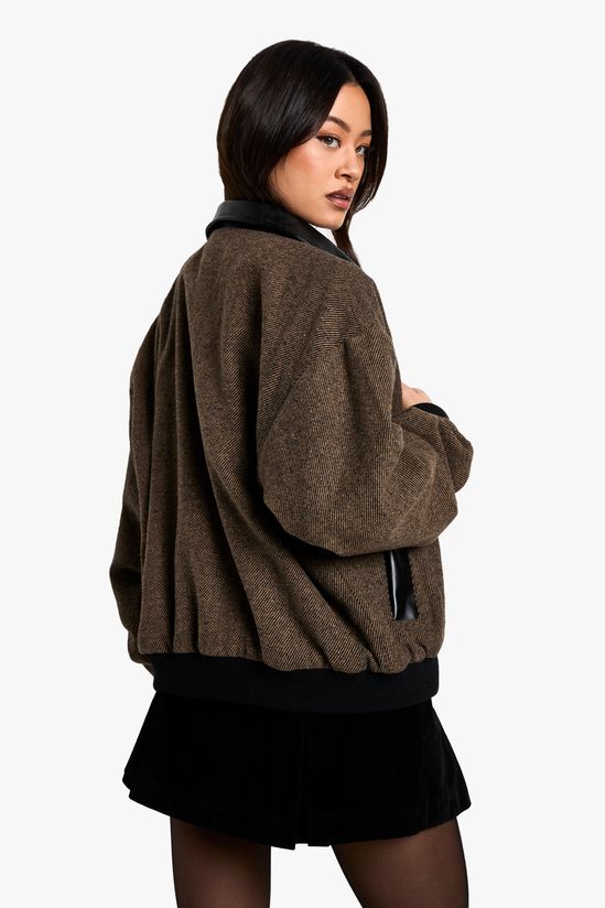 Tall Contrast PU Trim Wool Look Bomber Jacket