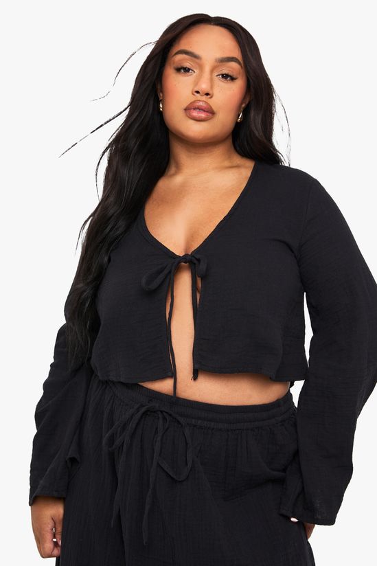 Plus Cheesecloth Long Sleeve Tie Front Top