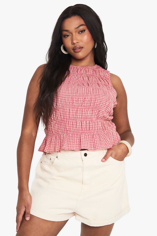 Plus Shirred Gingham Peplum Top