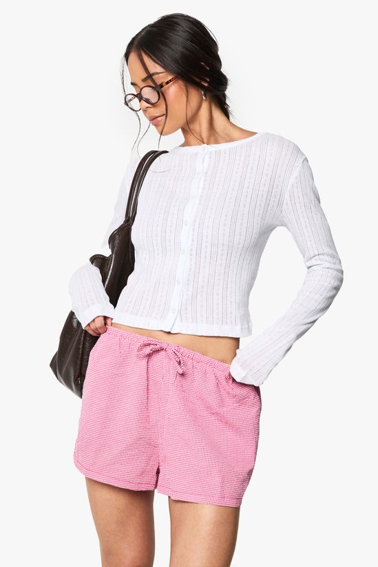 Pointelle Button Through Long Sleeve Top