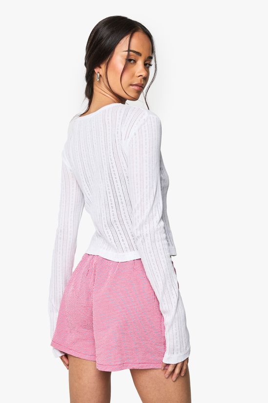 Pointelle Button Through Long Sleeve Top