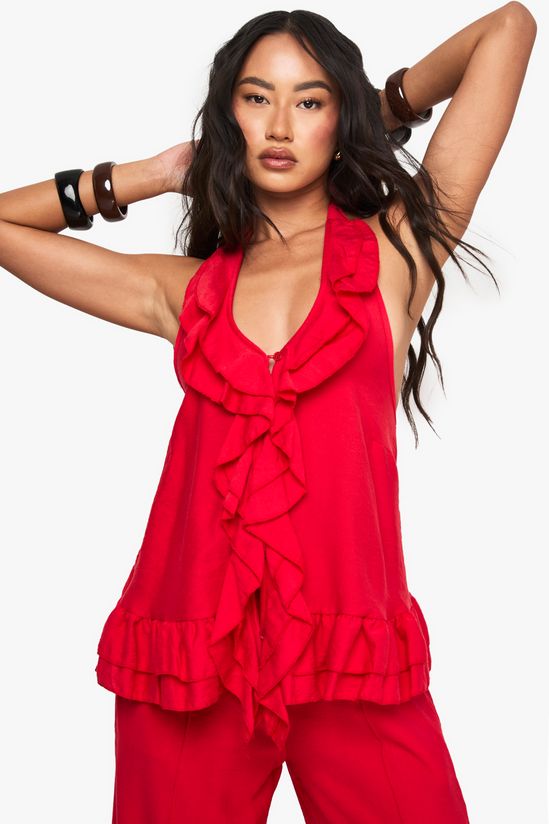 Woven Crinkle Ruffle Button Top