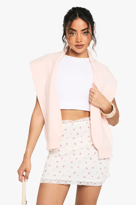 Ditsy Print Rib Lace Hem Mini Skirt