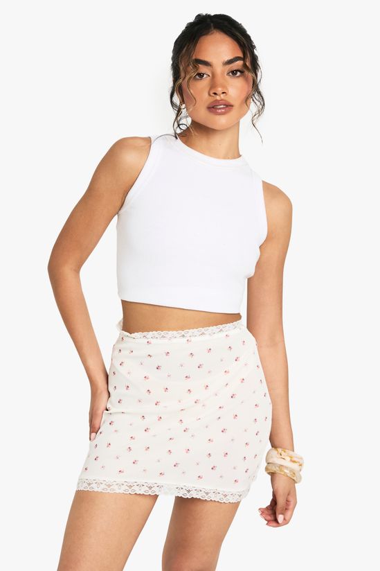 Ditsy Print Rib Lace Hem Mini Skirt