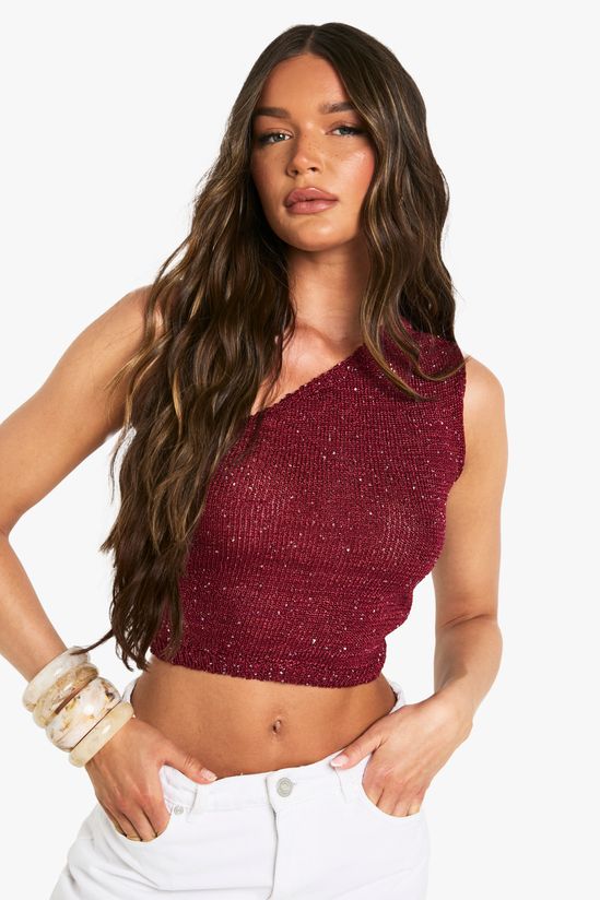 Sequin Knit Sheer Asymmetric One Shoulder Knitted Top