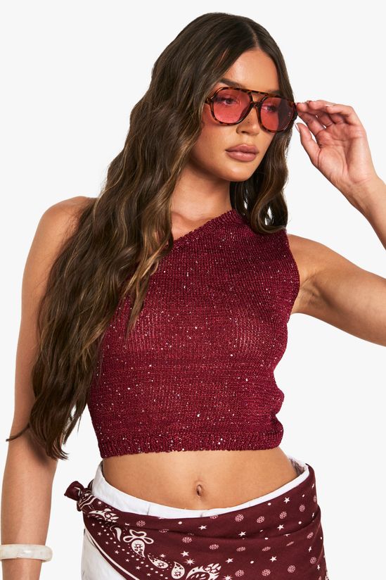 Sequin Knit Sheer Asymmetric One Shoulder Knitted Top