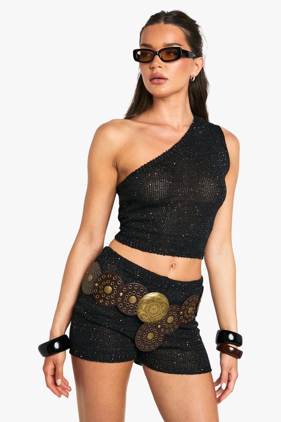 Sequin Knit Sheer Asymmetric One Shoulder Knitted Top