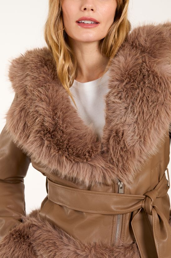 Hooded Zip Fur Cropped Leather Look Jacket