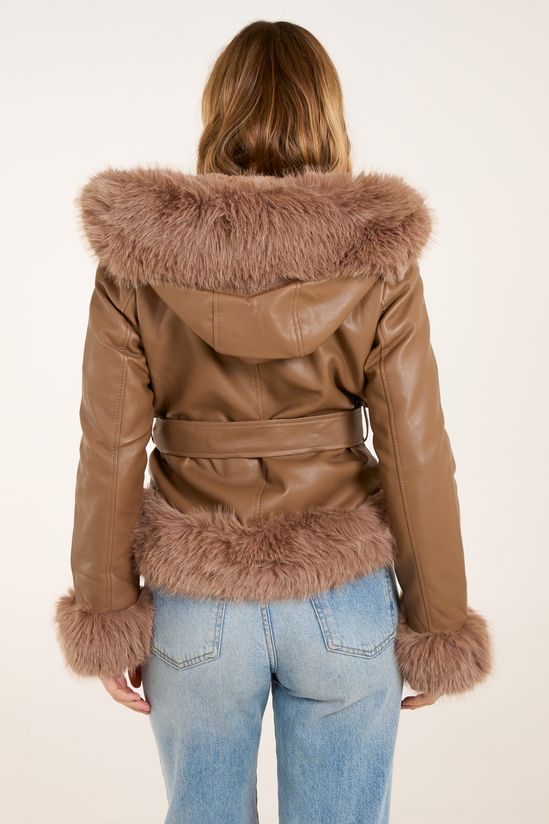 Hooded Zip Fur Cropped Leather Look Jacket