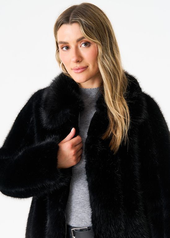 Black Zip Front Faux Fur Short Jacket