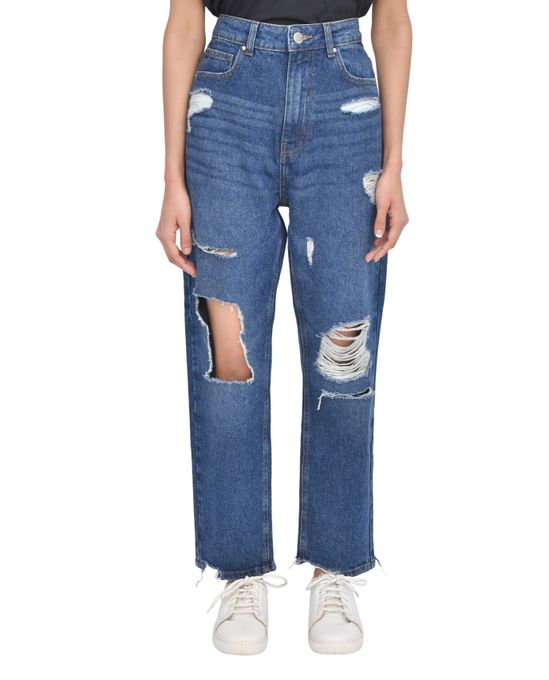Casual Style High-Waisted Torn Hem Rip Mom Jeans