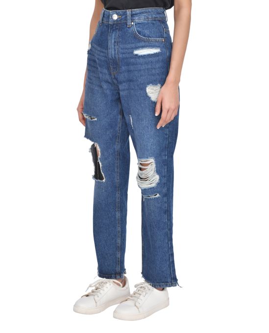 Casual Style High-Waisted Torn Hem Rip Mom Jeans